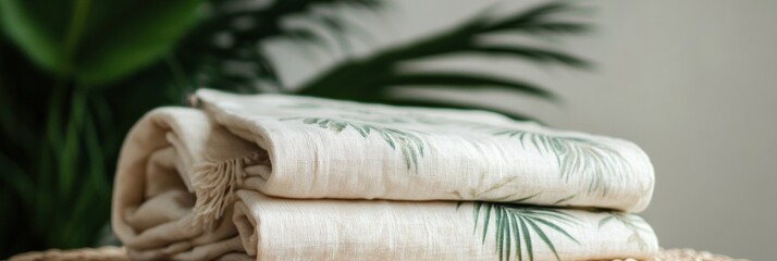 Fototapete - Tropical patterned summer fabrics neatly folded with green foliage in the background creating a refreshing atmosphere. Generative AI