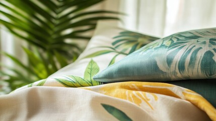 Poster - Tropical patterns and light summer fabrics displayed with vibrant colors and lush greenery in a sunny indoor setting. Generative AI