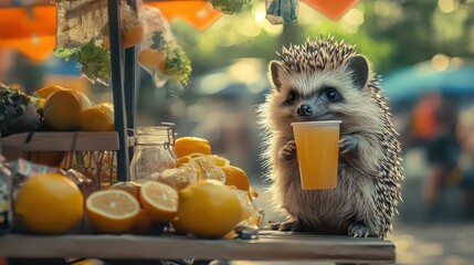 Wall Mural - A Thirsty Hedgehog Enjoying Fresh Orange Juice at a Citrus Stand