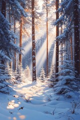  Wooden trail in winter sunlight with snow-covered trees.