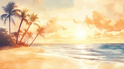 Fototapete - Stunning watercolor illustration of a tropical beach at sunset with swaying palm trees and gentle ocean waves. Generative AI