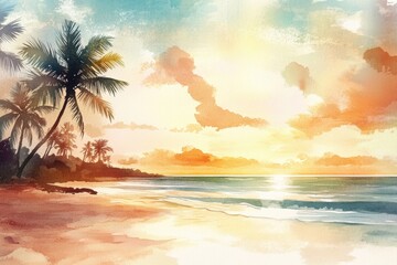 Poster - Sunset watercolor illustration of a tranquil beach with palm trees and gentle waves during a colorful evening sky. Generative AI