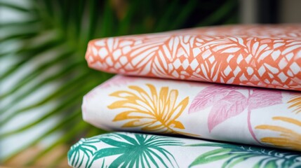 Aufkleber - Explore vibrant tropical patterns on light summer fabrics perfect for beachwear and casual outings during sunny days. Generative AI