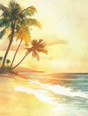 Wall Mural - Beautiful watercolor illustration of a sunset over a tranquil beach with palm trees and gentle waves lapping at the shore. Generative AI