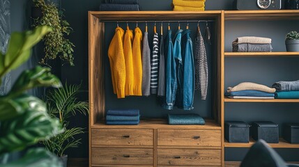 Poster - Bright yellow and blue garments hang neatly in a well-organized wardrobe, complemented by folded towels and plants, creating a warm and inviting atmosphere in the room