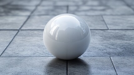 Wall Mural - White ball is sitting on a grey tile floor. The ball is round and has a shiny surface. Concept of simplicity and elegance, as the ball is the only object in the scene