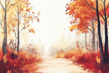 Aufkleber - Autumn landscape watercolor illustration featuring trees and a winding path in soft warm hues. Generative AI
