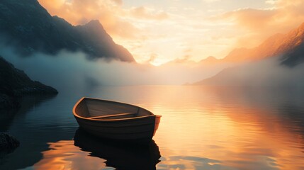 Wall Mural - Small boat sits in a lake at sunset. The sky is orange and the water is calm