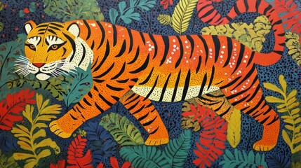 Wall Mural - Tiger's Prowl: A Dynamic Gond Artwork of a Majestic Tiger. Gond tiger painting, Indian folk art tiger, Tribal tiger artwork, Jungle animal art, Wildlife Gond painting