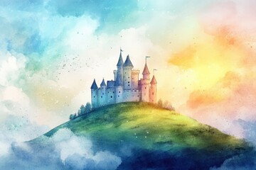 Aufkleber - Majestic castle perched on a hill under a colorful sky at sunrise with soft watercolors. Generative AI