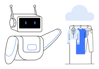 Wall Mural - Robot holding a display screen, pointing to clothing on a rack with shirts and pants, and a cloud icon above. Ideal for technology, e-commerce, online shopping, retail, automation, cloud computing