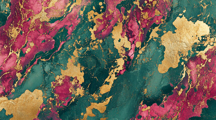 Poster - Marble texture with liquid-like appearance featuring vibrant pinks, green hues, and accents of gold on a smooth surface. Generative AI