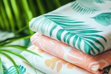 Leinwandbilder - Light summer fabrics with tropical patterns arranged beautifully in a lush green setting. Generative AI