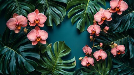 Aufkleber - Beautiful pink orchids bloom among lush green leaves, forming a striking display of nature's elegance. This tropical arrangement is ideal for enhancing any space with vibrant colors