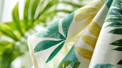 Poster - Tropical patterns on light summer fabrics showcase vibrant colors and natural beauty in a sunlit setting. Generative AI