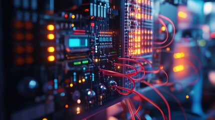 Poster - Close up of vibrant, illuminated circuit boards with glowing lights and intricate wiring, depicting advanced technology and digital communication in a modern data center environment