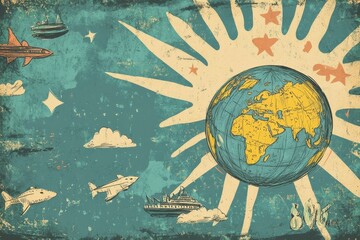 Naklejka na meble Whimsical drawing featuring planet earth amidst air and sea travel
