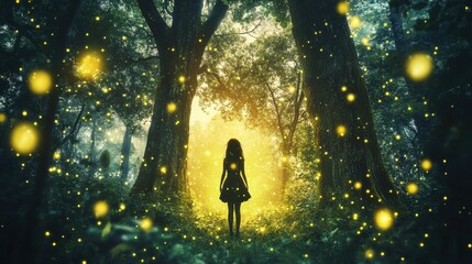 Wall Mural - Girl Silhouetted In A Firefly Lit Forest Path