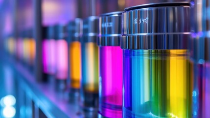 Poster - rows of glass containers filled with vividly colored liquids in a modern laboratory setting, showcas