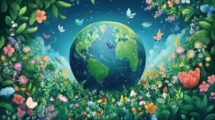 Sticker - Earth Surrounded By Vibrant Blossoms And Butterflies