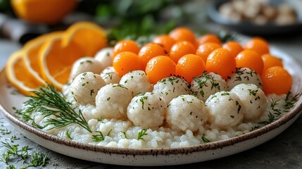 Wall Mural - A colorful dish featuring rice, melon balls, and orange slices garnished with herbs.