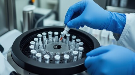Poster - Gloved hands carefully placing a sample into a laboratory centrifuge surrounded by test tubes, highlighting precision and scientific research in a controlled environment