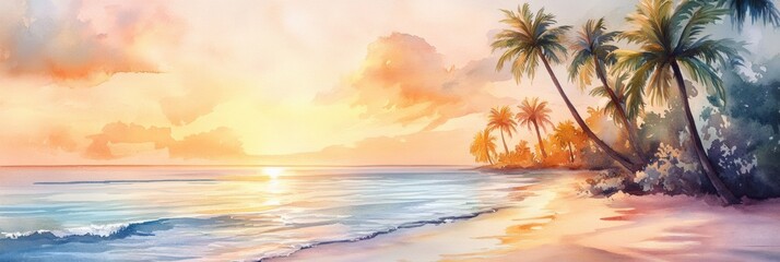 Poster - Vibrant watercolor illustration of a serene sunset over a tropical beach with palm trees and gentle waves. Generative AI