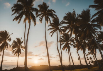 Wall Mural - palm sunset hawaii trees background beach filtered retro tropics aged calm cloud coast dawn design dusk effect escape faded filter grunge island nature ocean old pacific paradise peace peaceful