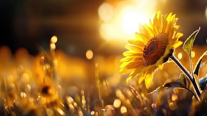 Wall Mural - Bright sunflower in warm, golden sunset light