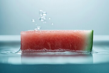 Poster - A slice of watermelon floats in clear water, bubbles rising around it, highlighting the bright red fruit and evoking feelings of refreshing summer days