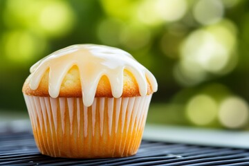 Poster - A single muffin topped with shiny icing sits on a surface, illuminated softly to enhance its sweetness and inviting texture, surrounded by a blurred background