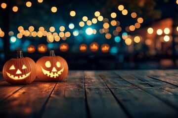 Fototapete - Glowing jack o lanterns and candles adorn a wooden table, surrounded by string lights, casting a warm ambiance and inviting festive spirit for Halloween night