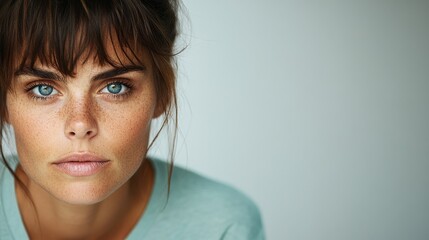 Poster - A freckled woman with a messy bun looks directly into the camera, her deep blue eyes reflecting quiet strength, softly illuminated by natural light