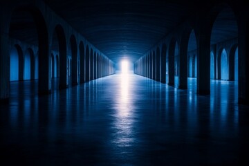 Fototapete - Layered blue paper and black arches form a minimalist backdrop illuminated by light at the end of a tunnel, reflecting softly in tranquil water for a modern feel
