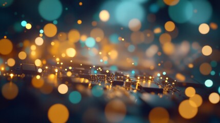Aufkleber - Close-up view reveals a detailed circuit board glowing with blue and yellow lights, highlighting advanced microchips and providing a glimpse into modern technology