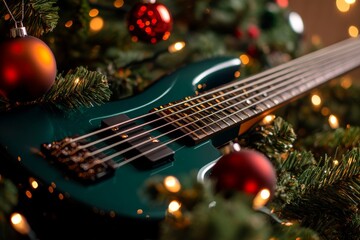Leinwandbilder - A green bass guitar decorates a festive Christmas tree adorned with vibrant ornaments and lights, embodying a joyful, musical holiday spirit