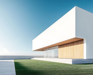 Modern house with white walls and wooden accents, in front of the building there is an outdoor lawn and concrete floor, the sky above it is blue, the view from one side of two floors, front garden, mo