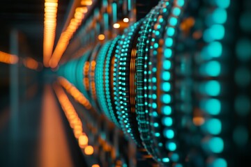 Poster - Close-up view of advanced industrial machinery with intricate components highlighted by blue lighting, emphasizing precision and technology in operation