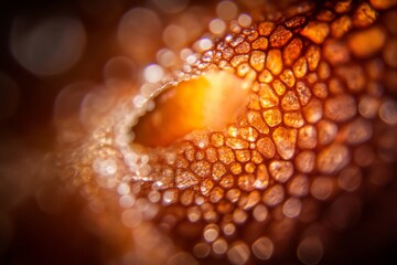 Aufkleber - Vivid yellow eye shows intricate iris textures and reflective light play, with surrounding shadows enhancing depth and offering ample copy space on the left