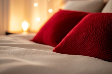 Poster - Close-up of a modern bedding set with geometric patterns in warm red and beige hues, creating an inviting ambiance with soft lighting in the bedroom