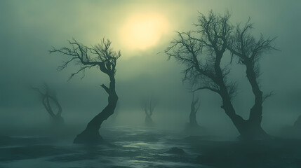 Namibia's skeleton coast: a haunting silhouette of cursed trees shrouded in sea fog. Cursed & Haunted Objects. Illustration