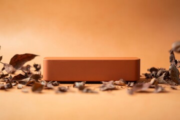 Aufkleber - Warm autumn hues highlight a rectangular podium resting amidst scattered dried leaves, creating a soft and inviting backdrop for product branding opportunities