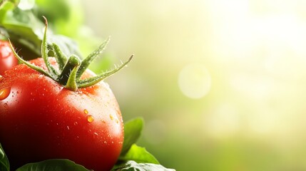 Poster - A vibrant vine-ripened tomato rests on lush green leaves, adorned with glistening droplets of water, illuminated by the soft sunlight of a warm afternoon