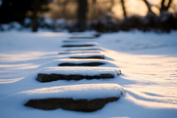 Poster - A tranquil winter path is formed by snowy stepping stones, creating a serene atmosphere as soft light casts gentle shadows, inviting exploration