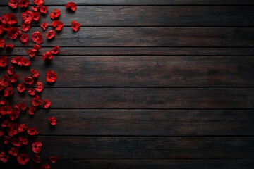 Poster - Delicate red poppy flowers are beautifully arranged on a rustic wooden background, illuminated by soft natural light, enhancing their vibrant colors and textures