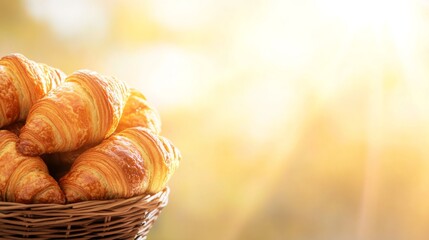 Poster - A basket filled with freshly baked golden croissants showcases their flaky texture in a bright kitchen, creating a warm and inviting ambiance perfect for breakfast
