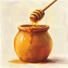 Poster - Honey dripping in a pot using a dipper, bright background. Recipe use