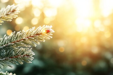 Poster - A close-up view of a frosted pine tree branch featuring a bright red ornament, illuminated by soft twinkling fairy lights in the background