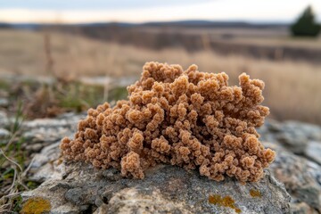 Aufkleber - Close-up view of a cluster of brown mushrooms on a rock, exhibiting fuzzy texture and unique features while illuminated by natural light in an outdoor setting