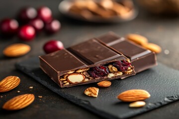Poster - Dark chocolate granola bar showcases layers of dried cranberries and sliced almonds on smooth slate, with scattered nuts adding texture and depth